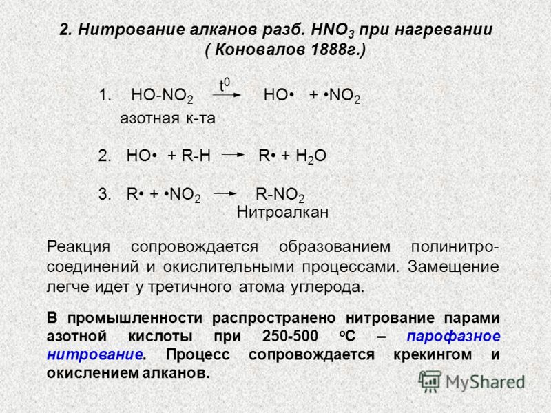 2. Нитрование алканов разб. HNO 3 при нагревании ( Коновалов 1888г.) 1. HO-NO 2 HO + NO 2 t0t0 азотная к-та 2. HO + R-H R + H 2 O 3. R + NO 2 R-NO 2 Нитроалкан Реакция сопровождается образованием полинитро- соединений и окислительными процессами. Зам