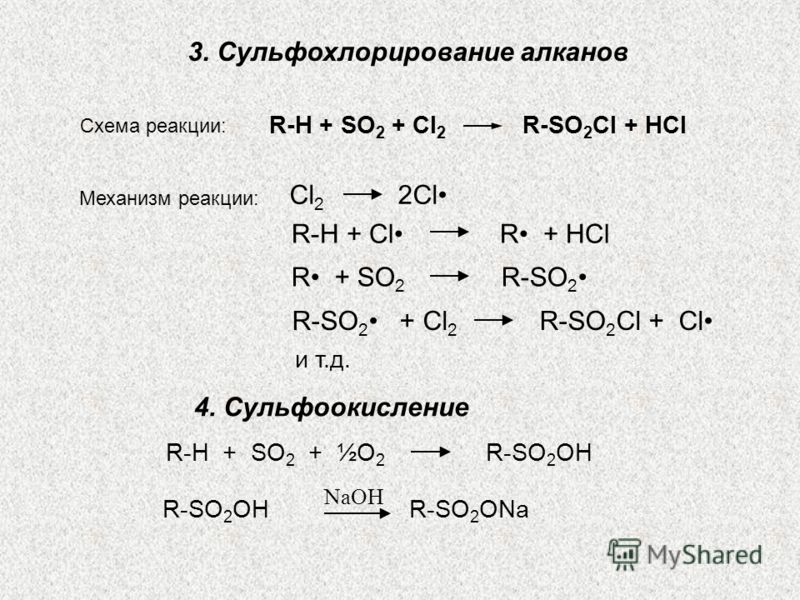 3. Сульфохлорирование алканов Схема реакции: R-H + SO 2 + Cl 2 R-SO 2 Cl + HCl Сl 2 2Cl R-H + Cl R + HCl R + SO 2 R-SO 2 R-SO 2 + Cl 2 R-SO 2 Cl + Cl и т.д.и т.д. Механизм реакции: 4. Сульфоокисление R-H + SO 2 + ½O 2 R-SO 2 OH R-SO 2 OH R-SO 2 ONa N