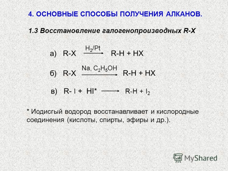 4. ОСНОВНЫЕ СПОСОБЫ ПОЛУЧЕНИЯ АЛКАНОВ. 1.3 Восстановление галогенопроизводных R-X а) R-XR-H + HX H 2 /Pt б) R-X R-H + HX Na, C 2 H 5 OH в) R- I + HI* R-H + I 2 * Иодисгый водород восстанавливает и кислородные соединения (кислоты, спирты, эфиры и др.)