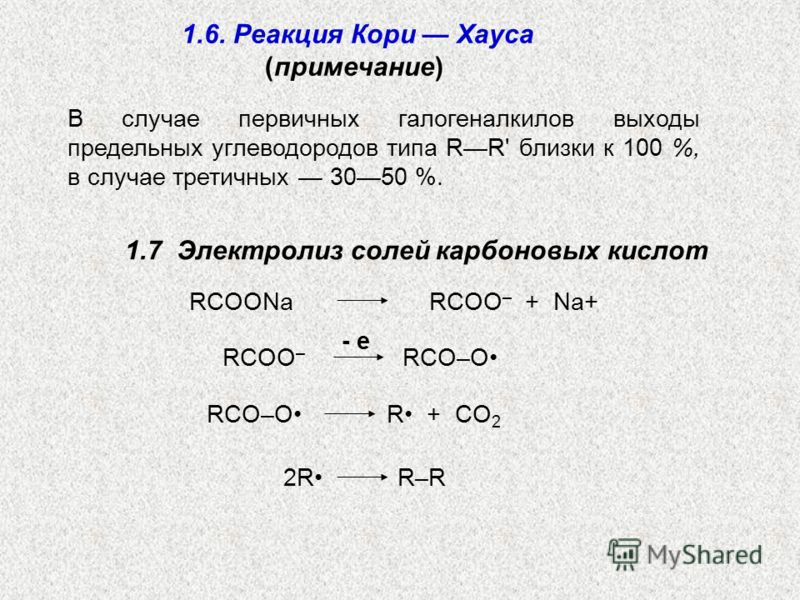 В случае первичных галогеналкилов выходы предельных углеводородов типа RR' близки к 100 %, в случае третичных 3050 %. 1.6. Реакция Кори Хауса (примечание) 1.7 Электролиз солей карбоновых кислот RCOONa RCOO – + Na+ RCOO – RCO–O RCO–O R + CO 2 2R R–R -