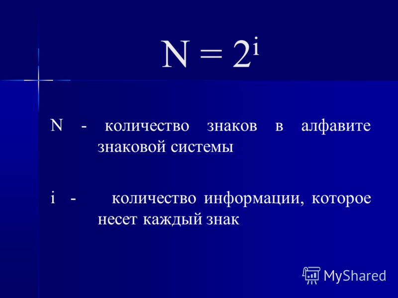 N = 2 i N - количество знаков в алфавите знаковой системы i - количество информации, которое несет каждый знак