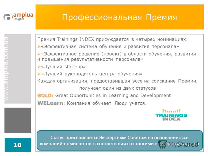 www.amplua.com.ua 10 Профессиональная Премия Премия Trainings INDEX присуждается в четырех номинациях: «Эффективная система обучения и развития персонала» «Эффективное решение (проект) в области обучения, развития и повышения результативности персона