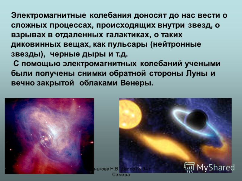 Электромагнитные колебания доносят до нас вести о сложных процессах, происходящих внутри звезд, о взрывах в отдаленных галактиках, о таких диковинных вещах, как пульсары (нейтронные звезды), черные дыры и т.д. С помощью электромагнитных колебаний уче