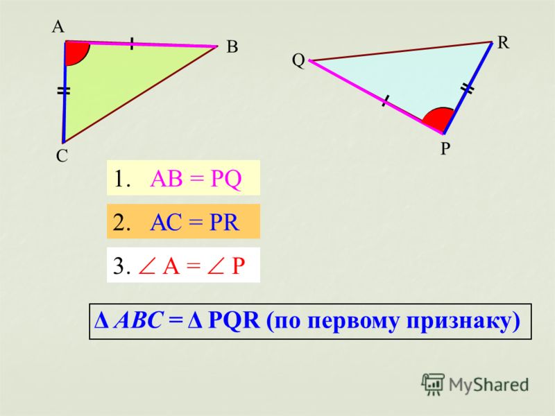 А С B Q R Р 1. АВ = PQ 2. АС = PR 3. А = P Δ AВС = Δ PQR (по первому признаку)