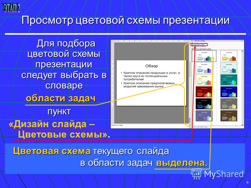 6 Цветовая схема текущего слайда Цветовая схема текущего слайда в области задач выделена. в области задач выделена. Просмотр цветовой схемы презентации Для подбора цветовой схемы презентации следует выбрать в словаре Для подбора цветовой схемы презен
