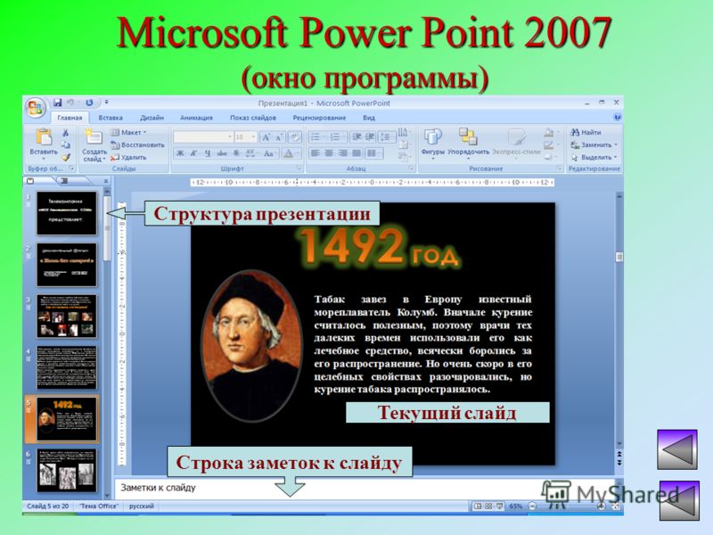 Microsoft Power Point 2007 (окно программы) Структура презентации Текущий слайд Строка заметок к слайду