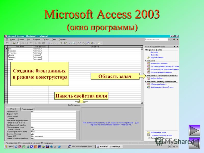 Microsoft Access 2003 (окно программы) Панель свойства поля Область задач Создание базы данных в режиме конструктора