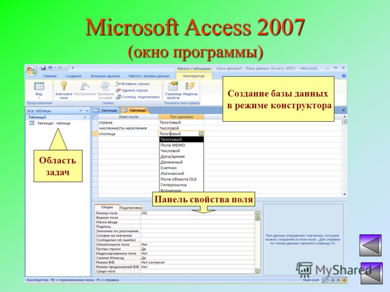Microsoft Access 2007 (окно программы) Создание базы данных в режиме конструктора Панель свойства поля Область задач