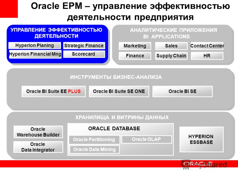 Oracle OLAP Oracle Data Mining Oracle Partitioning Oracle Warehouse Builder ХРАНИЛИЩА И ВИТРИНЫ ДАННЫХ Oracle BI Suite EE PLUS ИНСТРУМЕНТЫ БИЗНЕС-АНАЛИЗА Oracle BI Suite SE ONEOracle BI SE АНАЛИТИЧЕСКИЕ ПРИЛОЖЕНИЯ Hyperion Planing Hyperion Financial 