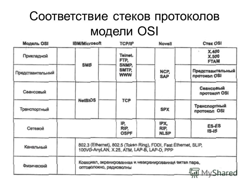 Соответствие стеков протоколов модели OSI
