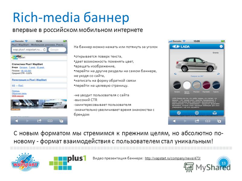 Rich-media баннер впервые в российском мобильном интернете 13 7 С новым форматом мы стремимся к прежним целям, но абсолютно по- новому - формат взаимодействия с пользователем стал уникальным! На баннер можно нажать или потянуть за уголок открывается 