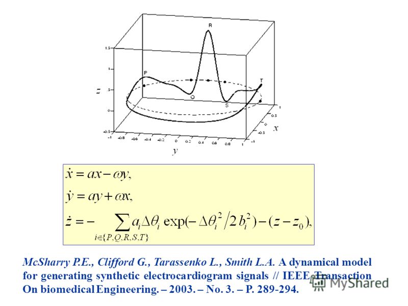 McSharry P.E., Clifford G., Tarassenko L., Smith L.A. A dynamical model for generating synthetic electrocardiogram signals // IEEE Transaction On biomedical Engineering. – 2003. – No. 3. – P. 289-294.