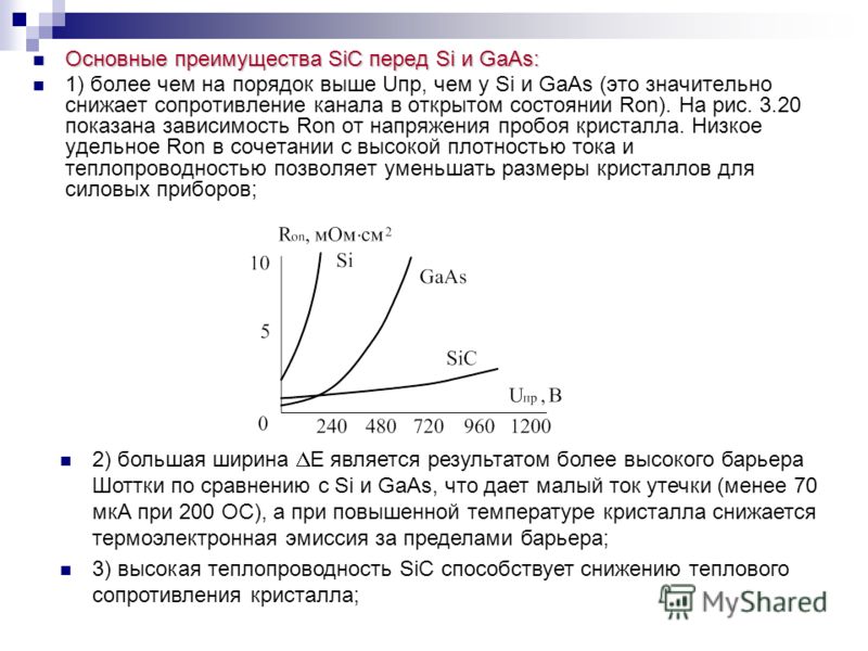 Основные преимущества SiC перед Si и GaAs: Основные преимущества SiC перед Si и GaAs: 1) более чем на порядок выше Uпр, чем у Si и GaAs (это значительно снижает сопротивление канала в открытом состоянии Ron). На рис. 3.20 показана зависимость Ron от 