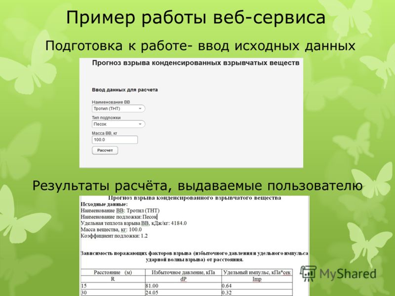 Пример работы веб-сервиса Подготовка к работе- ввод исходных данных Результаты расчёта, выдаваемые пользователю