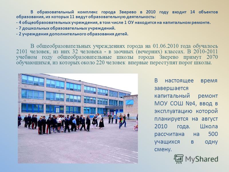 В образовательный комплекс города Зверево в 2010 году входит 14 объектов образования, из которых 11 ведут образовательную деятельность: - 4 общеобразовательных учреждения, в том числе 1 ОУ находится на капитальном ремонте. - 7 дошкольных образователь
