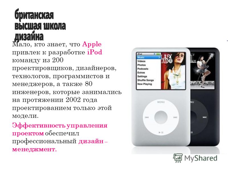 Мало, кто знает, что Apple привлек к разработке iPod команду из 200 проектировщиков, дизайнеров, технологов, программистов и менеджеров, а также 80 инженеров, которые занимались на протяжении 2002 года проектированием только этой модели. Эффективност