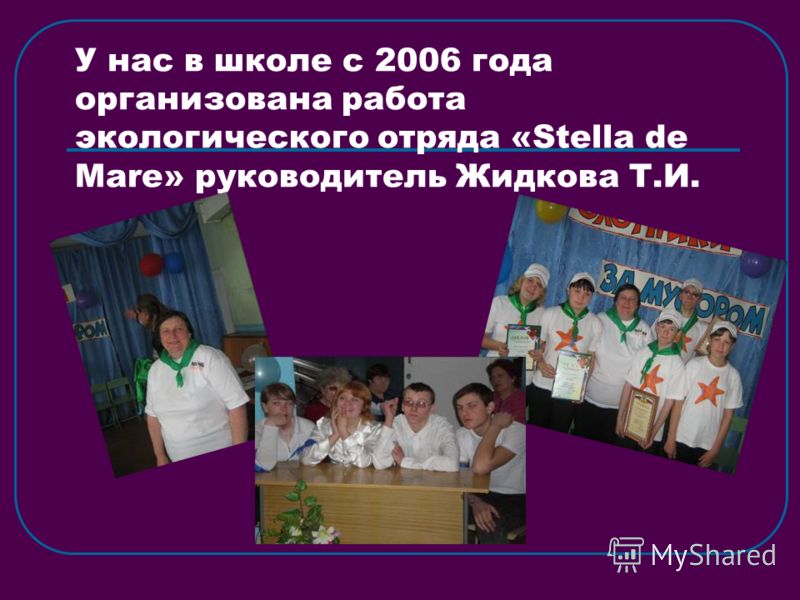 У нас в школе с 2006 года организована работа экологического отряда «Stella de Mare» руководитель Жидкова Т.И.