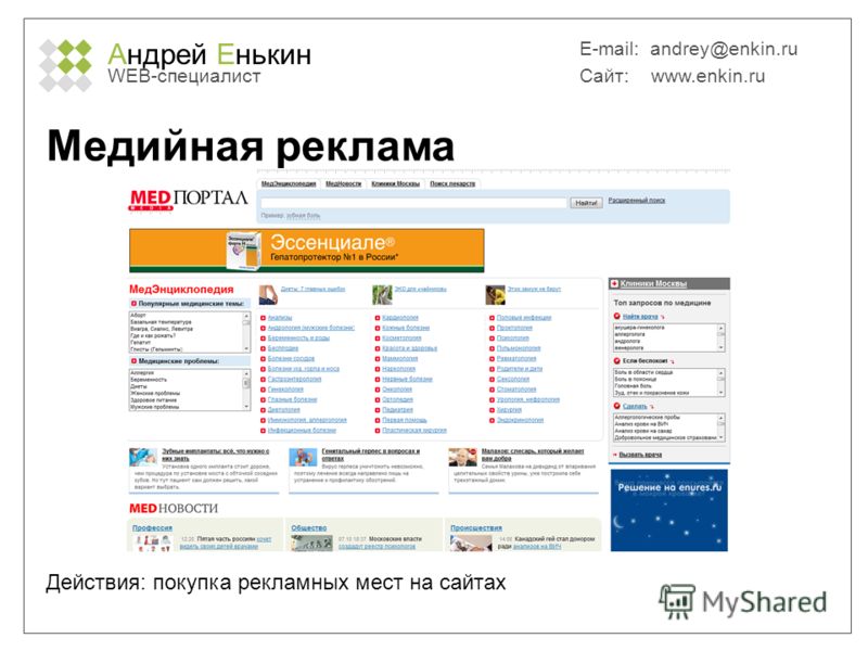 Андрей Енькин WEB-специалист E-mail: andrey@enkin.ru Сайт: www.enkin.ru Медийная реклама Действия: покупка рекламных мест на сайтах