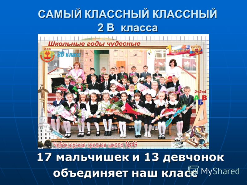 САМЫЙ КЛАССНЫЙ КЛАССНЫЙ 2 В класса 17 мальчишек и 13 девчонок 17 мальчишек и 13 девчонок объединяет наш класс
