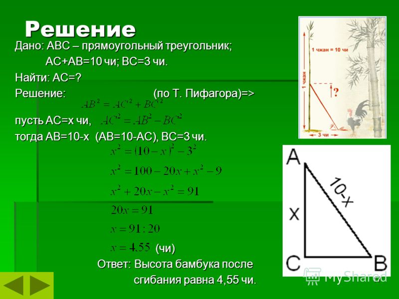 17 Решение Дано: АВС – прямоугольный треугольник; АС+АВ=10 чи; ВС=3 чи. АС+АВ=10 чи; ВС=3 чи. Найти: АС=? Решение: (по Т. Пифагора)=> пусть АС=х чи, тогда АВ=10-х (АВ=10-АС), ВС=3 чи. (чи) (чи) Ответ: Высота бамбука после Ответ: Высота бамбука после 