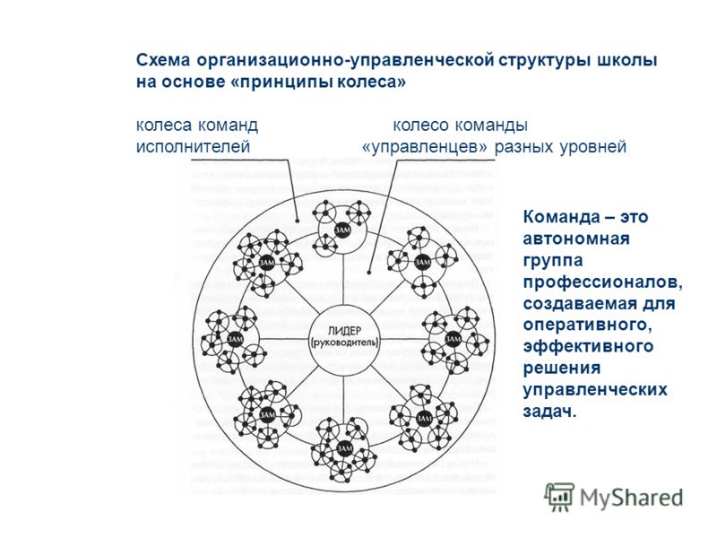 Схема организационно-управленческой структуры школы на основе «принципы колеса» колеса команд колесо команды исполнителей «управленцев» разных уровней Команда – это автономная группа профессионалов, создаваемая для оперативного, эффективного решения 