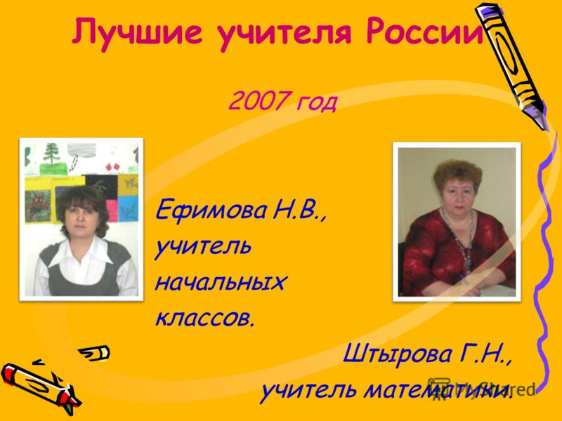 Лучшие учителя России 2007 год Ефимова Н.В., учитель начальных классов. Штырова Г.Н., учитель математики.