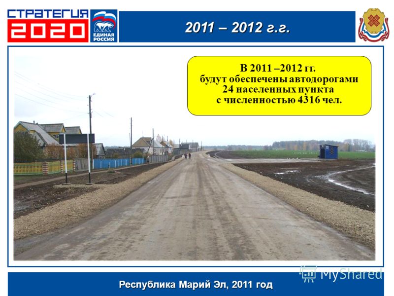 Республика Марий Эл, 2011 год В 2011 –2012 гг. будут обеспечены автодорогами 24 населенных пункта с численностью 4316 чел. 2011 – 2012 г.г.
