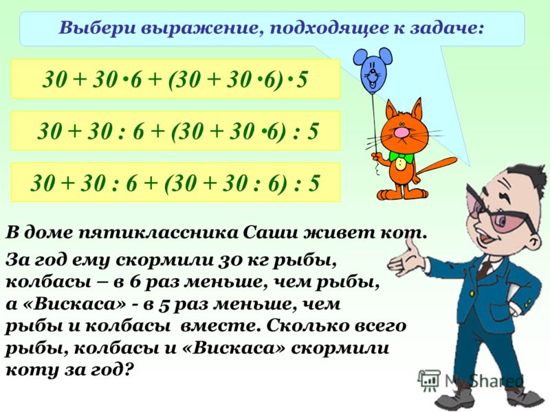 Выбери выражение, подходящее к задаче: 30 + 30 6 + (30 + 30 6) 5 30 + 30 : 6 + (30 + 30 6) : 5 30 + 30 : 6 + (30 + 30 : 6) : 5 В доме пятиклассника Саши живет кот. За год ему скормили 30 кг рыбы, колбасы – в 6 раз меньше, чем рыбы, а «Вискаса» - в 5 