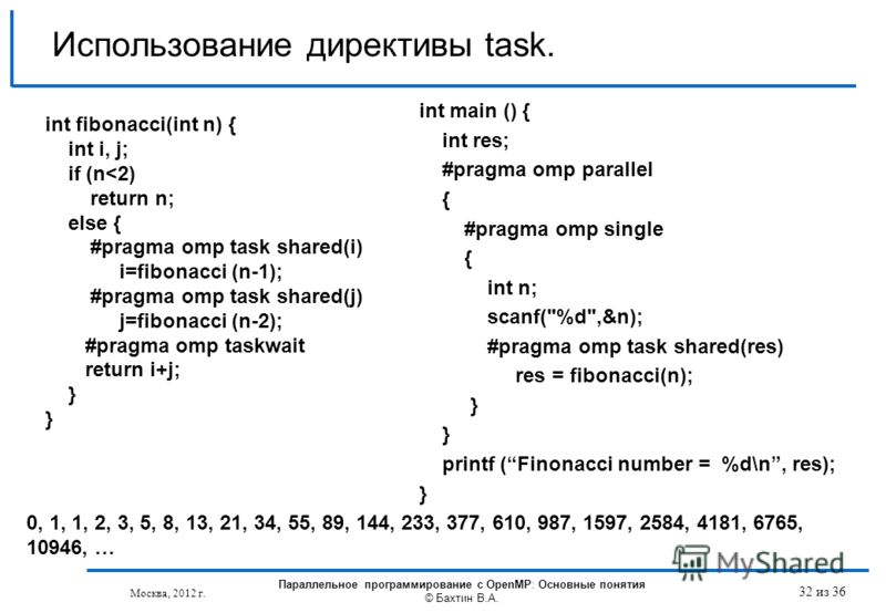 Использование директивы task. Параллельное программирование с OpenMP: Основные понятия © Бахтин В.А. 32 из 36 Москва, 2012 г. int fibonacci(int n) { int i, j; if (n