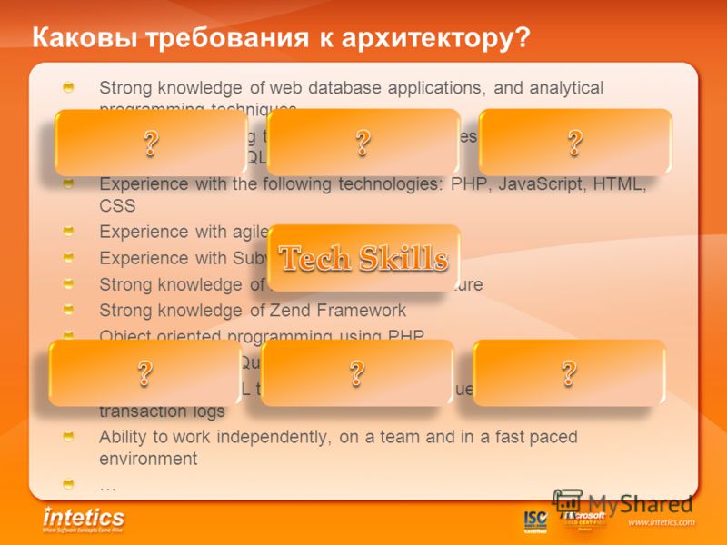 Каковы требования к архитектору? Strong knowledge of web database applications, and analytical programming techniques Experience building transaction web databases and reporting web databases in MySQL Experience with the following technologies: PHP, 