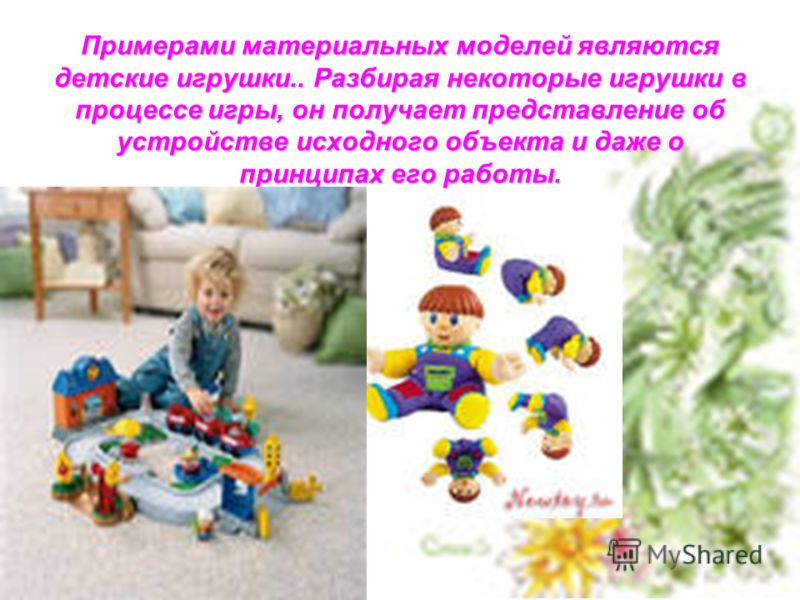 Примерами материальных моделей являются детские игрушки.. Разбирая некоторые игрушки в процессе игры, он получает представление об устройстве исходного объекта и даже о принципах его работы.