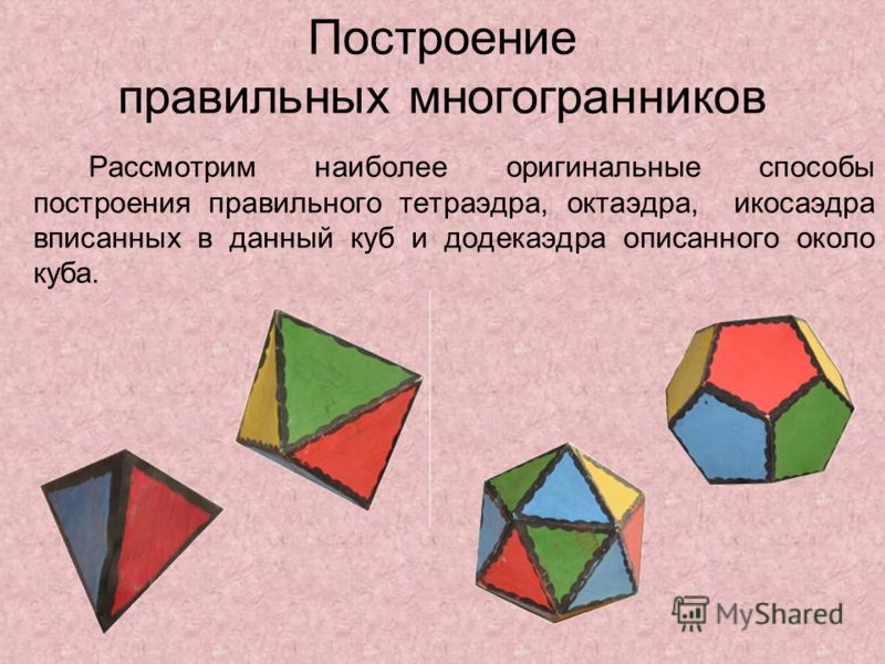 Рассмотрим наиболее оригинальные способы построения правильного тетраэдра, октаэдра, икосаэдра вписанных в данный куб и додекаэдра описанного около куба. Построение правильных многогранников