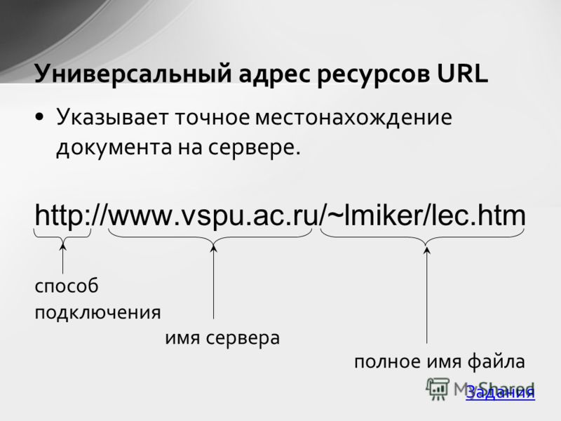 Указывает точное местонахождение документа на сервере. http://www.vspu.ac.ru/~lmiker/lec.htm Универсальный адрес ресурсов URL способ подключения имя сервера полное имя файла Задания