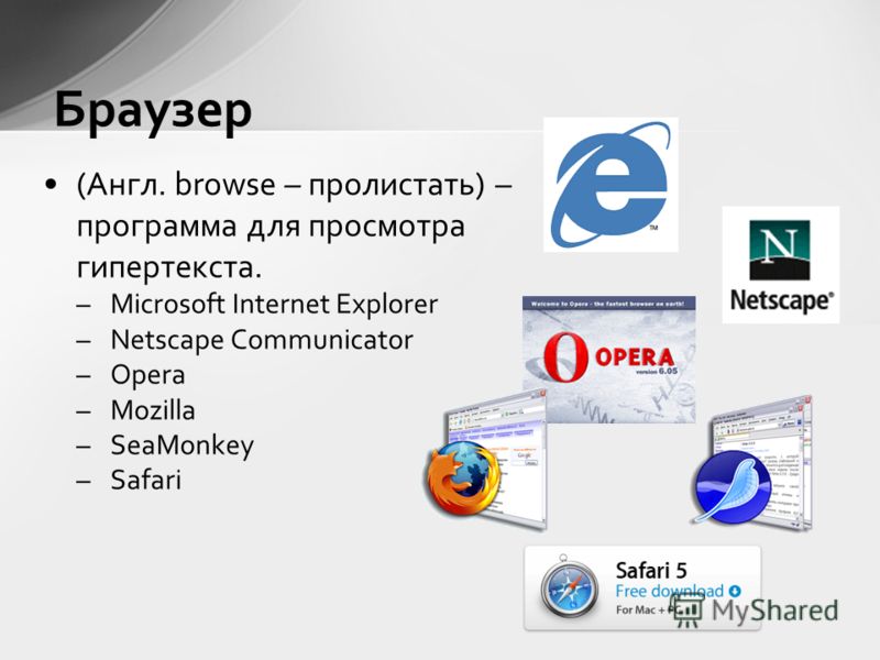 (Англ. browse – пролистать) – программа для просмотра гипертекста. –Microsoft Internet Explorer –Netscape Communicator –Opera –Mozilla –SeaMonkey –Safari Браузер
