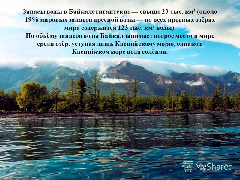 Запасы воды в Байкале гигантские свыше 23 тыс. км³ (около 19% мировых запасов пресной воды во всех пресных озёрах мира содержится 123 тыс. км³ воды). По объёму запасов воды Байкал занимает второе место в мире среди озёр, уступая лишь Каспийскому морю