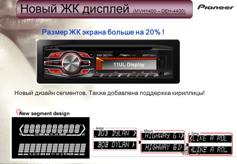 Новый ЖК дисплей (MVH1400 – DEH-4400) Новый дизайн сегментов. Также добавлена поддержка кириллицы! Размер ЖК экрана больше на 20% !