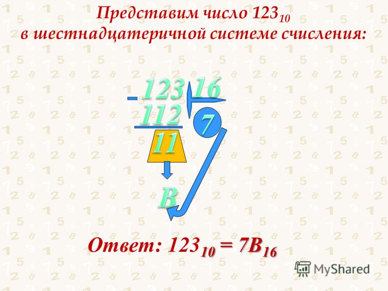Представим число 123 10 в шестнадцатеричной системе счисления: 10 = 7В 16 Ответ: 123 10 = 7В 16