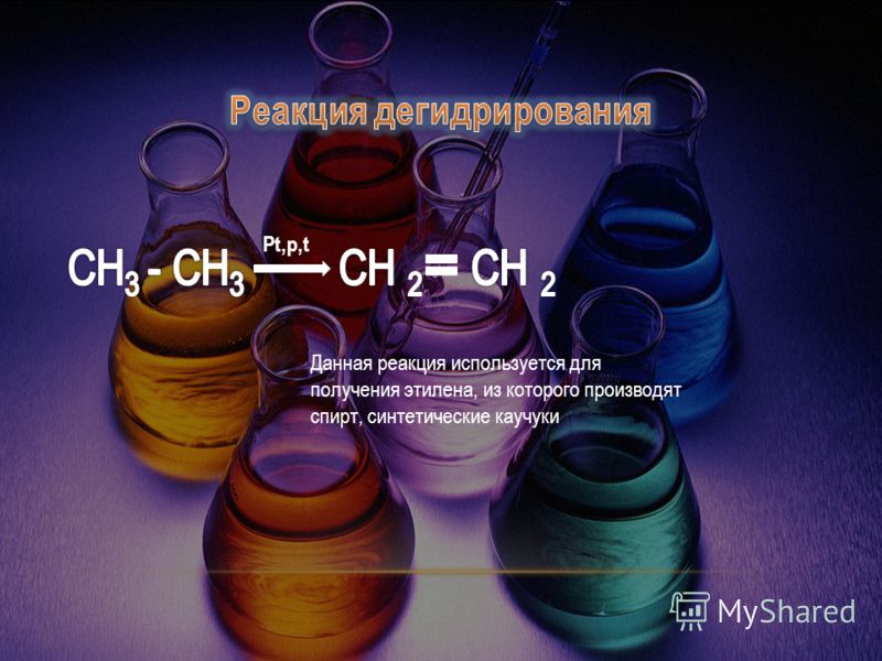 Pt,p,t Данная реакция используется для получения этилена, из которого производят спирт, синтетические каучуки