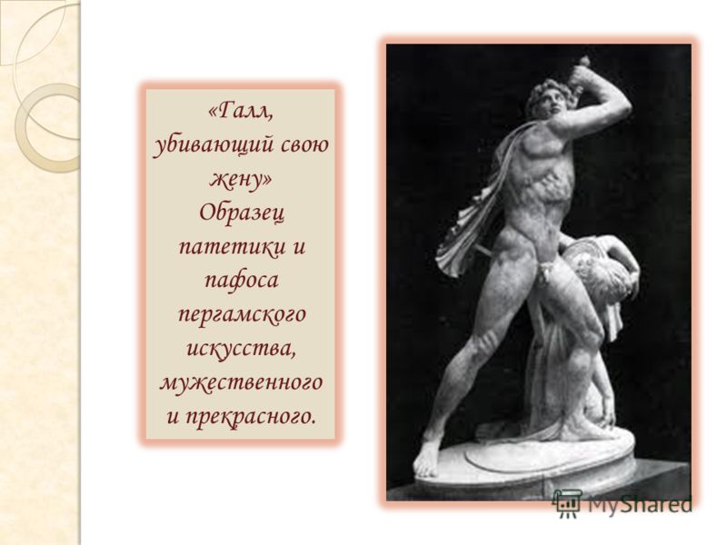 «Галл, убивающий свою жену» Образец патетики и пафоса пергамского искусства, мужественного и прекрасного.