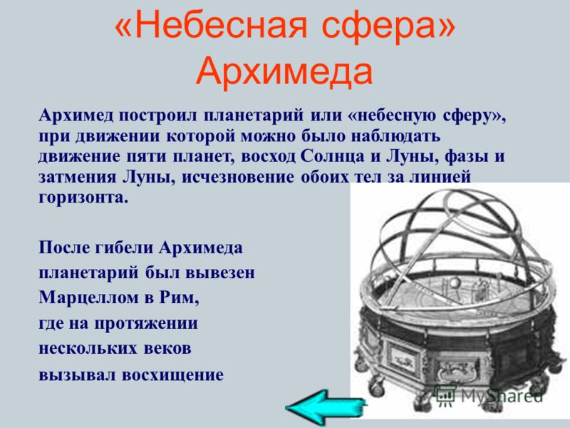 «Небесная сфера» Архимеда Архимед построил планетарий или «небесную сферу», при движении которой можно было наблюдать движение пяти планет, восход Солнца и Луны, фазы и затмения Луны, исчезновение обоих тел за линией горизонта. После гибели Архимеда 