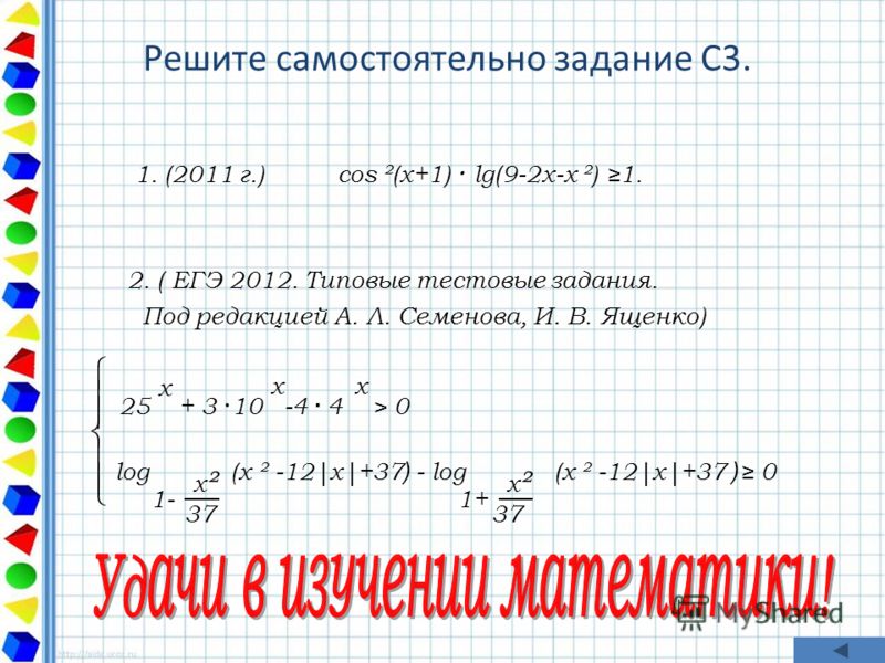 Решите самостоятельно задание C3. 1. (2011 г.) cos ²(x+1) · lg(9-2x-x ²) 1. 2. ( ЕГЭ 2012. Типовые тестовые задания. Под редакцией А. Л. Семенова, И. В. Ященко) 25 + 3 · 10 -4 · 4 > 0 x x x log (x ² -12|x|+37 ) - log (x ² -12|x|+37 ) 0 1-1- 37 1+ 1+ 