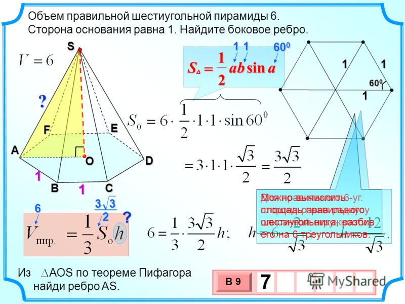 3 х 1 0 х В 9 7 111 60 0 ?. Объем правильной шестиугольной пирамиды 6. Сторона основания равна 1. Найдите боковое ребро. A F BC D E 1 1 ? 1 S 6 2 33 О Из АОS по теореме Пифагора найди ребро AS. aabSsin 2 1 = 11 60 0 Для правильного 6-уг. сторона равн
