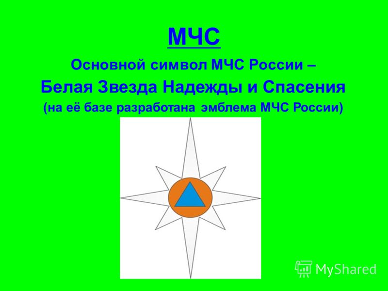 МЧС Основной символ МЧС России – Белая Звезда Надежды и Спасения (на её базе разработана эмблема МЧС России)