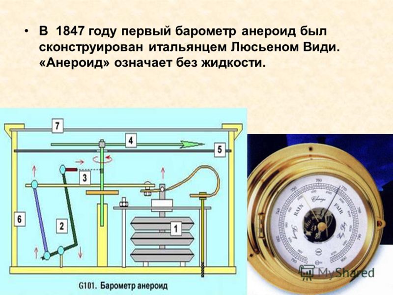 В 1847 году первый барометр анероид был сконструирован итальянцем Люсьеном Види. «Анероид» означает без жидкости.