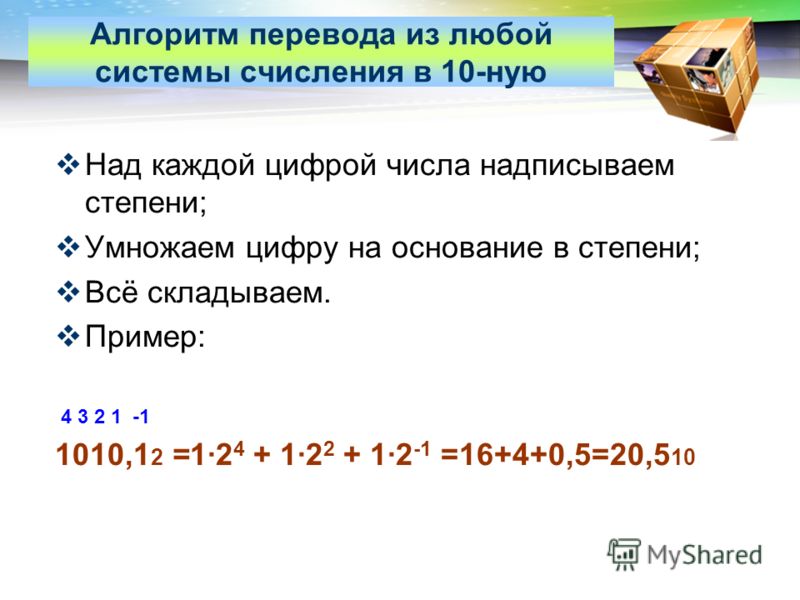 LOGO www.themegallery.com Алгоритм перевода из любой системы счисления в 10-ную Над каждой цифрой числа надписываем степени; Умножаем цифру на основание в степени; Всё складываем. Пример: 4 3 2 1 -1 1010,1 2 =1·2 4 + 1·2 2 + 1·2 -1 =16+4+0,5=20,5 10