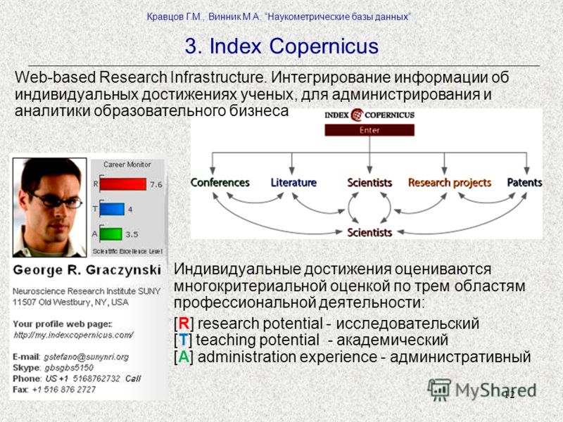 12 3. Index Copernicus Индивидуальные достижения оцениваются многокритериальной оценкой по трем областям профессиональной деятельности: [R] research potential - исследовательский [T] teaching potential - академический [A] administration experience - 