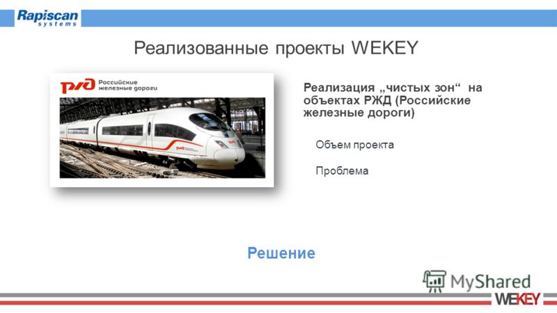 Реализованные проекты WEKEY Реализация чистых зон на объектах РЖД (Российские железные дороги) Объем проекта Проблема Решение