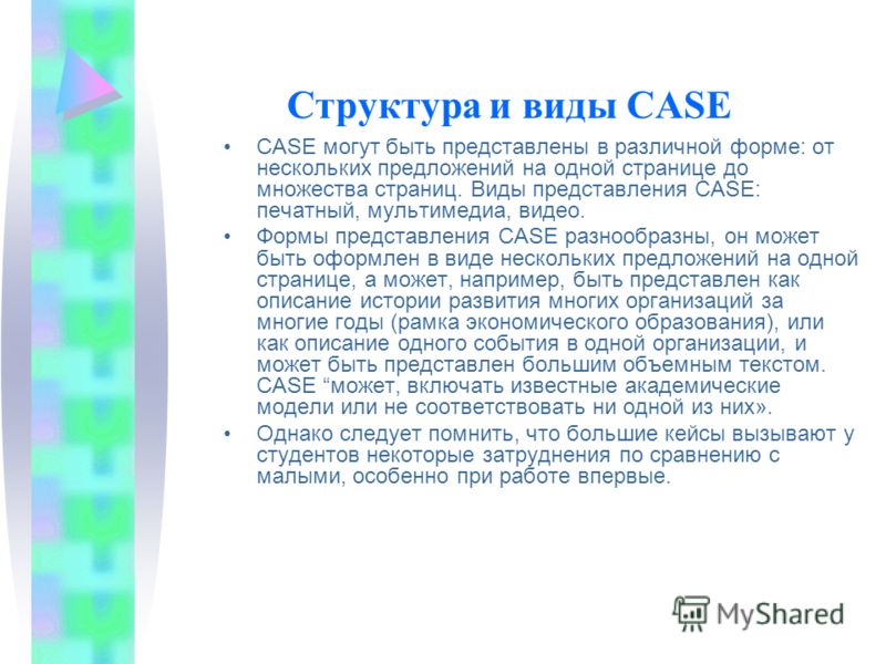 Структура и виды CASE CASE могут быть представлены в различной форме: от нескольких предложений на одной странице до множества страниц. Виды представления CASE: печатный, мультимедиа, видео. Формы представления CASE разнообразны, он может быть оформл