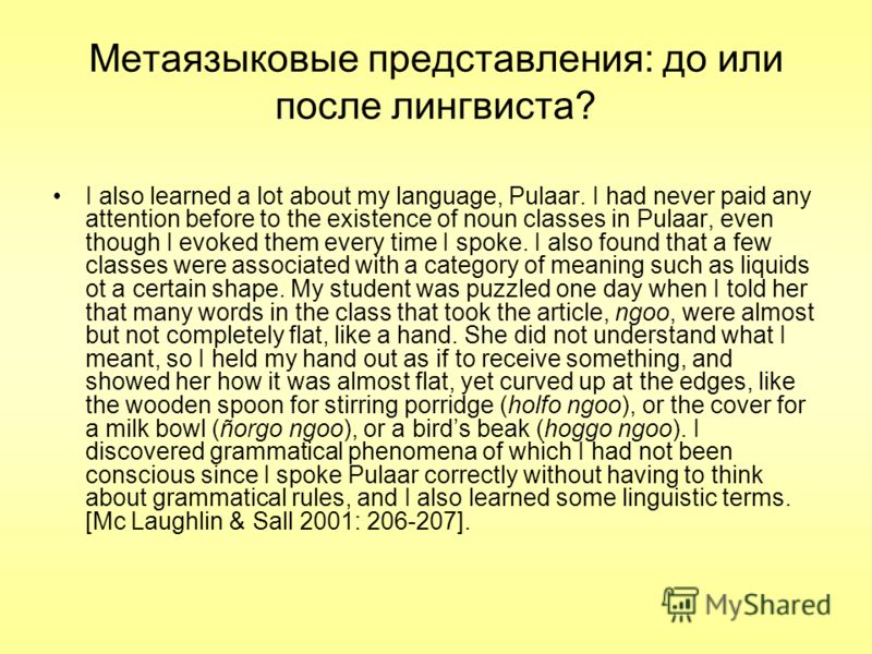 Метаязыковые представления: до или после лингвиста? I also learned a lot about my language, Pulaar. I had never paid any attention before to the existence of noun classes in Pulaar, even though I evoked them every time I spoke. I also found that a fe