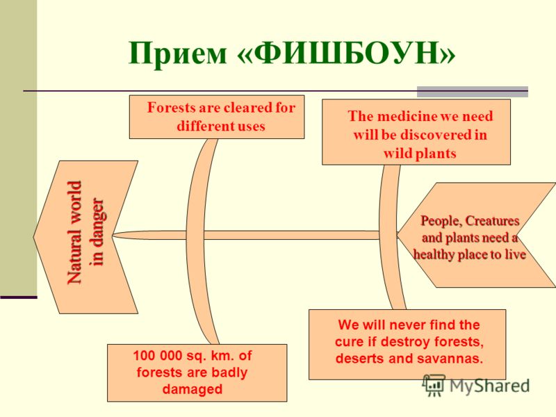 Прием «ФИШБОУН» Natural world in danger People, Creatures and plants need a healthy place to live Forests are cleared for different uses The medicine we need will be discovered in wild plants We will never find the cure if destroy forests, deserts an